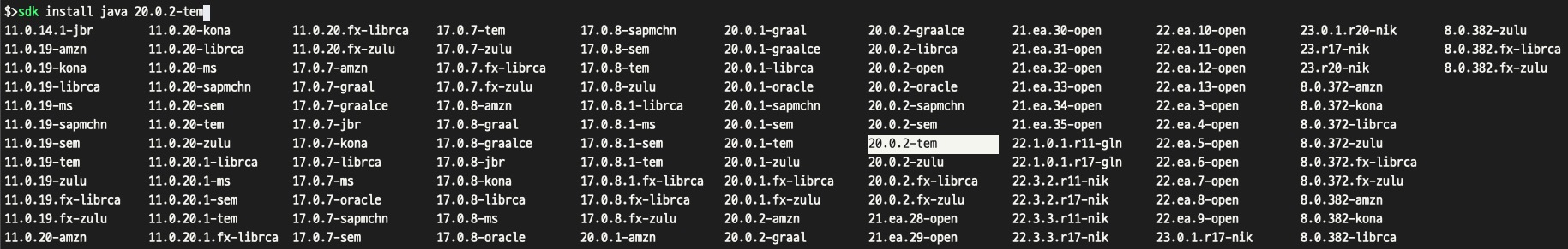 sdkman install java 자동완성