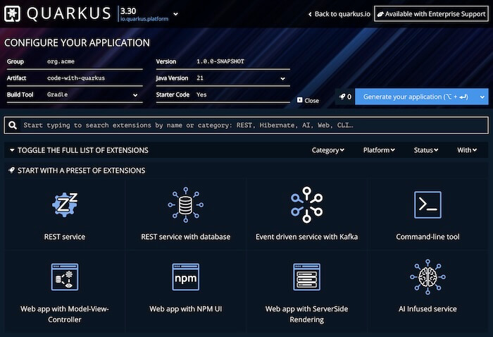 quarkus 프로젝트 생성 화면