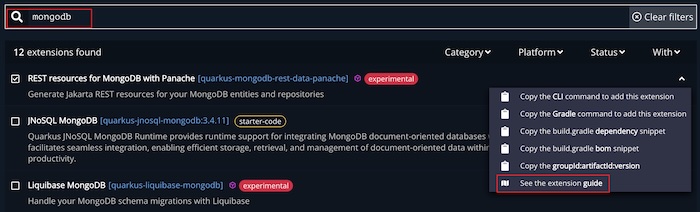 code.quarkus.io 에서 quarkus extension guide 문서 찾기