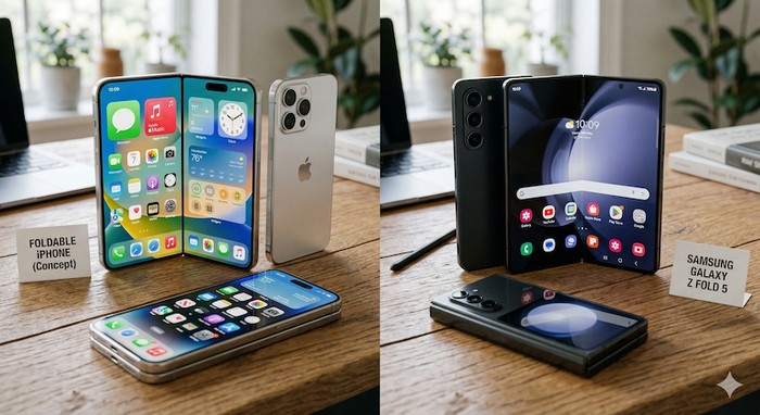 접이식 iPhone과 Samsung Galaxy Z Fold 컨셉 비교 이미지
