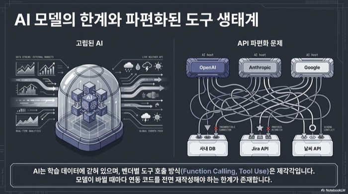 MCP 프로토콜이 AI 모델과 외부 도구 사이의 표준 통신 계층 역할을 한다