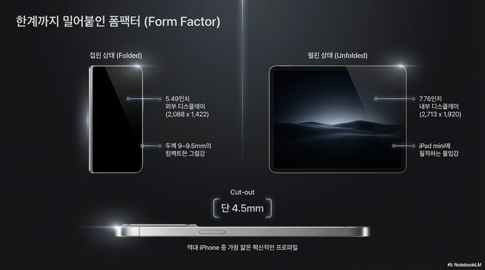 접이식 iPhone 폼팩터 — 접힌 5.49인치, 펼친 7.76인치, 두께 4.5mm