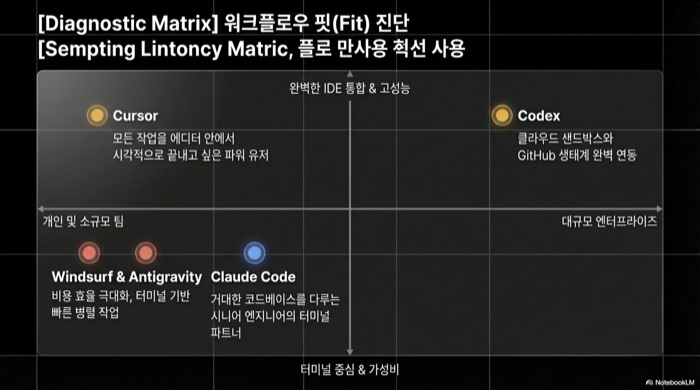 워크플로우 핏 진단 매트릭스: IDE 통합 vs 터미널 중심, 개인 vs 엔터프라이즈