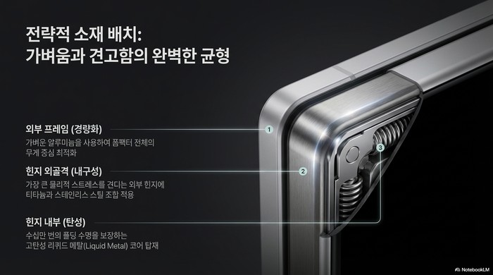 접이식 iPhone 소재 배치 — 티타늄 힌지, 알루미늄 프레임, 리퀴드 메탈