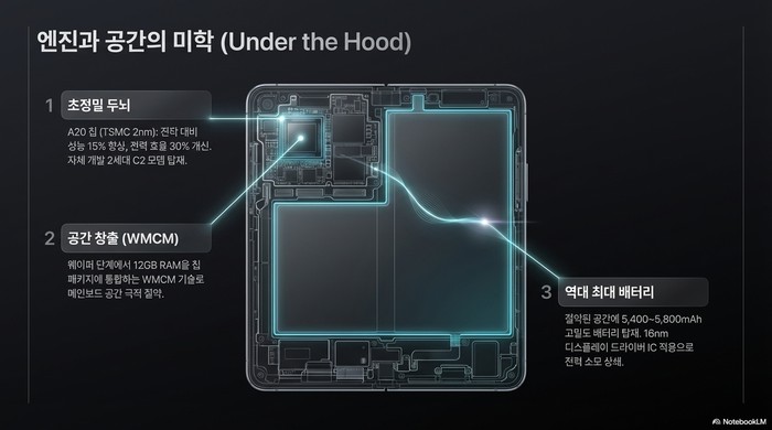 접이식 iPhone 내부 — A20 칩, WMCM, 5800mAh 배터리