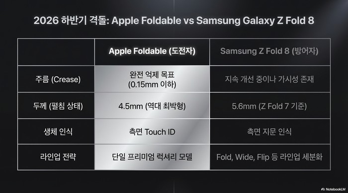 접이식 iPhone vs Samsung Galaxy Z Fold 8 비교표