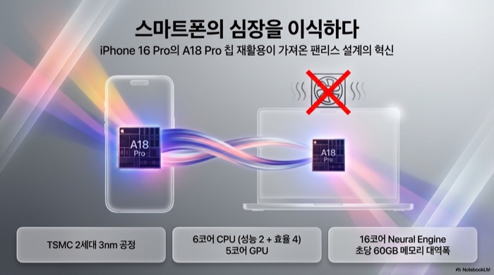 MacBook Neo A18 Pro 칩 — iPhone 16 Pro에서 가져온 팬리스 설계의 핵심