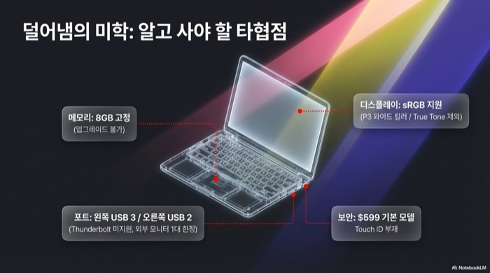 MacBook Neo 타협점 — 8GB 고정 메모리, sRGB 디스플레이, USB-C 2개