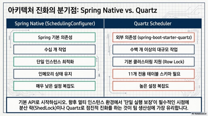 Spring Native SchedulingConfigurer와 Quartz Scheduler의 아키텍처 분기점 비교 차트