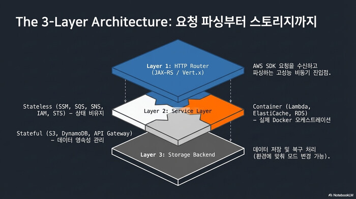 Floci 3-Layer Architecture 다이어그램 - HTTP Router, Service Layer, Storage Backend 구조