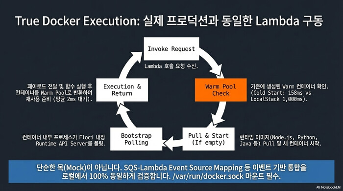 Floci Lambda Docker Execution 흐름도 - Warm Pool 기반 실제 컨테이너 실행 과정