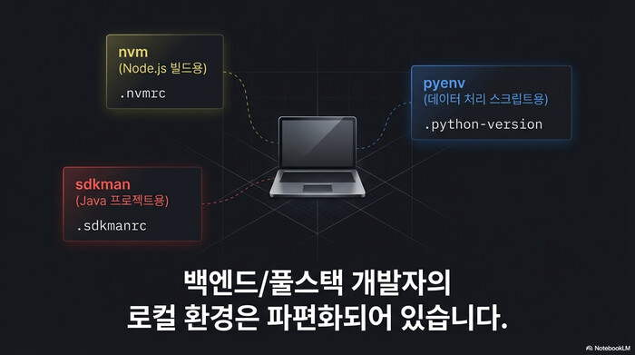 mise 버전 관리 도입 전 nvm pyenv sdkman으로 파편화된 백엔드 개발 환경
