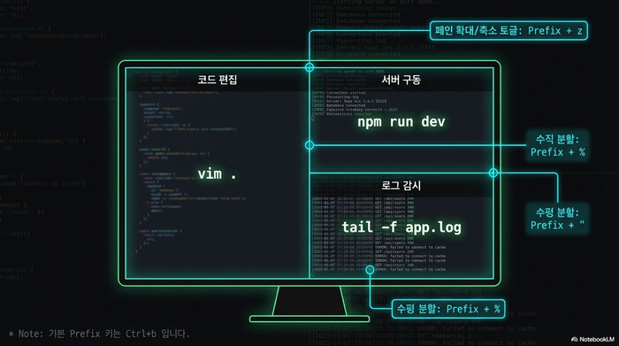 tmux 페인 분할 실전 화면 - vim 코드 편집, 서버 구동, 로그 감시