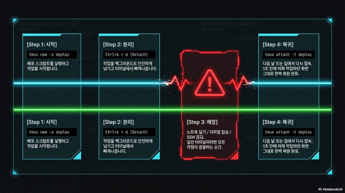 tmux SSH 원격 작업 워크플로우 - 세션 시작, 분리, 복귀 단계