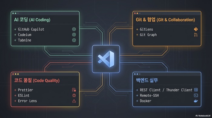 VS Code 확장 프로그램 4개 카테고리 구성도 - AI 코딩, Git, 코드 품질, 백엔드 실무