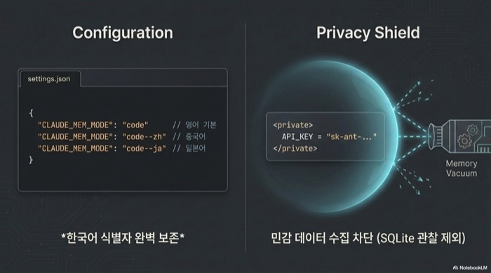 claude-mem 플러그인 settings.json의 CLAUDE_MEM_MODE 옵션과 private 태그를 활용한 민감 데이터 차단 구조