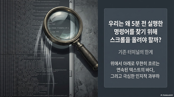 Warp 터미널 도입 전 기존 터미널에서 로그를 스크롤하며 명령어를 찾는 인지적 과부하 문제