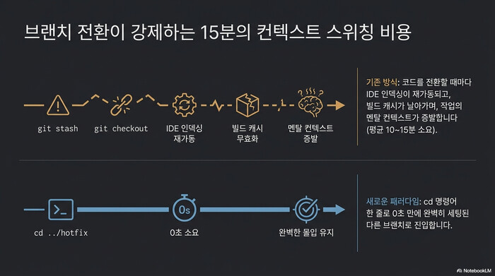 Git Worktrees가 줄여주는 15분 컨텍스트 스위칭 비용 시각화 — stash·checkout 사이클 vs cd 한 줄 비교