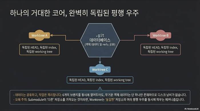 Git Worktrees 내부 구조 — .git 데이터베이스 공유와 독립된 working tree 구조 다이어그램
