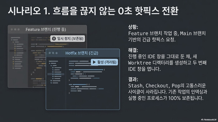 Git Worktrees 시나리오 1 — 흐름을 끊지 않는 0초 핫픽스 전환 (Feature 일시 정지 + Hotfix 활성)