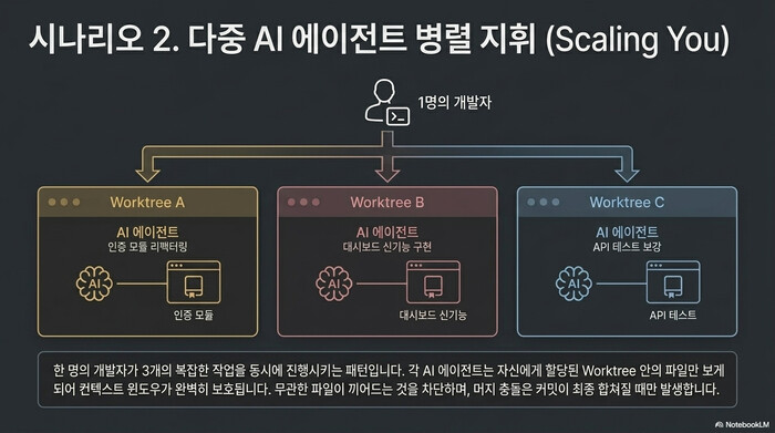 Git Worktrees 시나리오 2 — 다중 AI 에이전트 병렬 지휘 (1명의 개발자가 3개 worktree에서 병렬 작업)