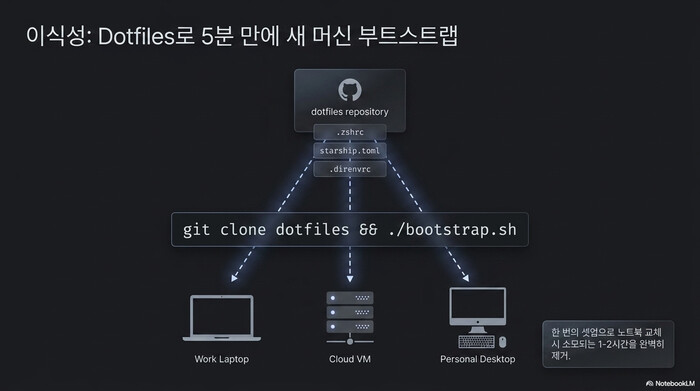 Starship zsh direnv dotfiles 이식성 — git clone + bootstrap.sh로 Work Laptop, Cloud VM, Personal Desktop 동일 환경 복원