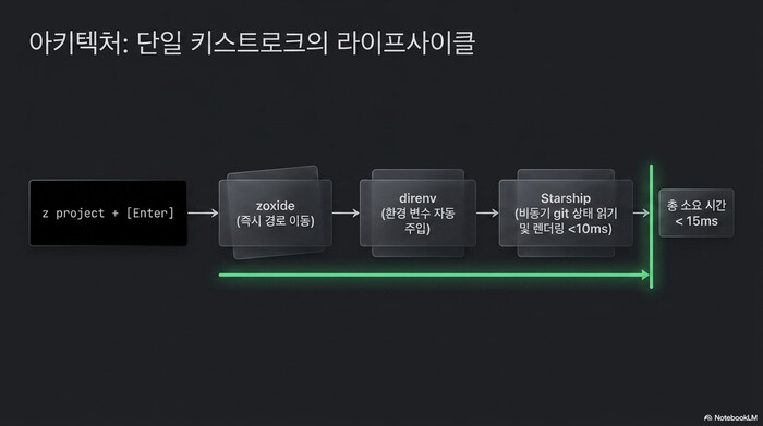 Starship zsh direnv 단일 키스트로크 라이프사이클 — z project + Enter → zoxide → direnv → Starship 15ms 흐름