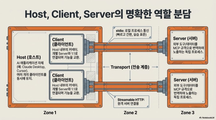 MCP 실전 가이드 — Host·Client·Server 역할 분담과 stdio·Streamable HTTP 전송 계층 구조