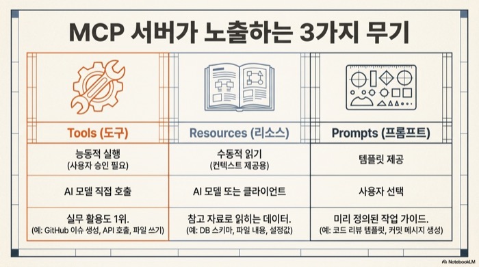 MCP 실전 가이드 — MCP 서버가 노출하는 3가지 무기: Tools 능동적 실행, Resources 수동적 읽기, Prompts 템플릿 제공