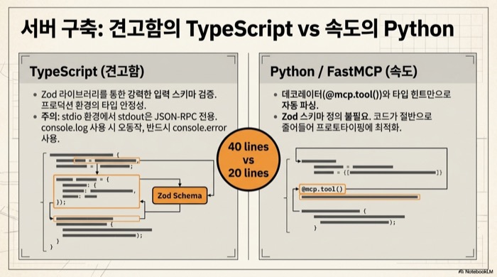 MCP 실전 가이드 — TypeScript Zod 스키마 40줄 vs Python FastMCP 데코레이터 20줄, 서버 구축 언어 선택 비교