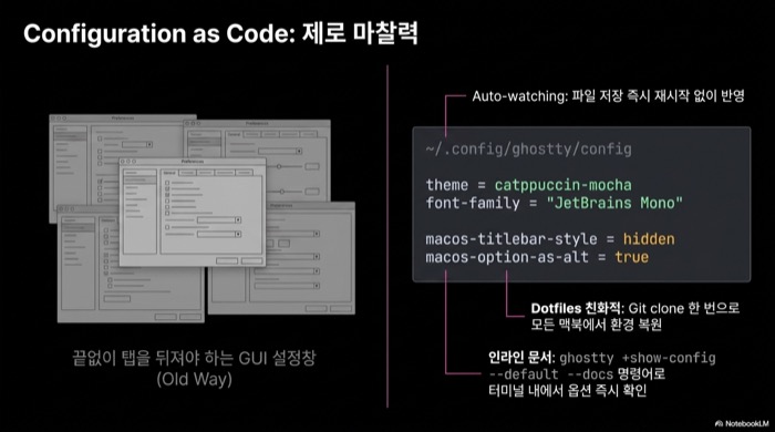 Ghostty 터미널 config 파일 설정 방식 — GUI 설정 대비 텍스트 기반 설정의 장점과 dotfiles 친화적 구조