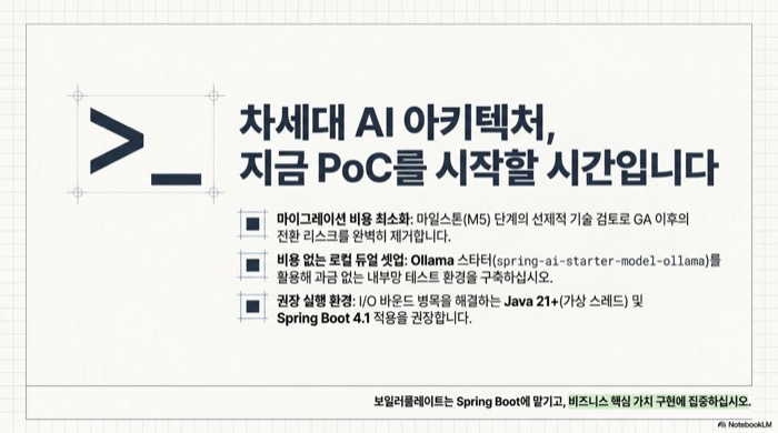 Spring AI 2.0 차세대 AI 아키텍처 PoC 시작 마이그레이션 비용 최소화 Ollama 듀얼 셋업 Java 21 Virtual Threads 권장 환경