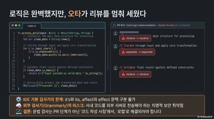 로직은 완벽했지만 recieve와 seperate 오타가 PR 리뷰를 멈춰 세운 상황 — IDE 기본 검사기는 its와 it's를 구분하지 못하고 외부 검사기는 사내 코드 유출 위험이 있다