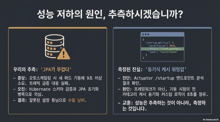 성능 저하 원인을 추측(JPA가 무겁다)한 경우와 측정(동기식 캐시 워밍업)으로 밝혀낸 진실을 대비한 사례