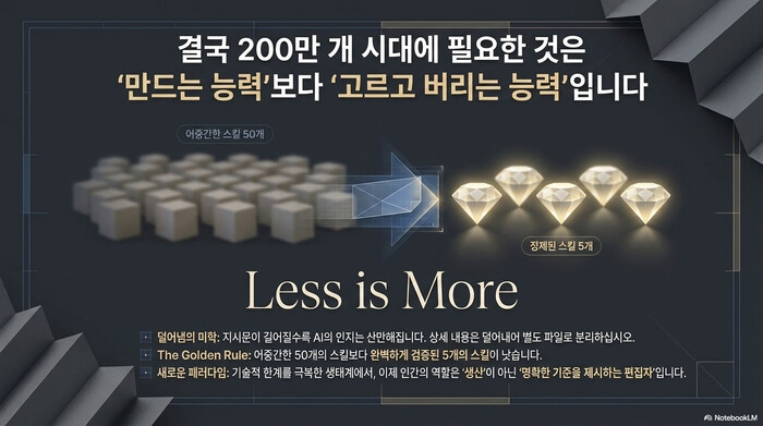 Claude Code Agent Skills는 어중간한 50개보다 정제된 5개가 낫다는 Less is More 원칙이 통한다. 200만 개 시대에 필요한 능력은 만드는 것이 아니라 고르고 버리는 것이다