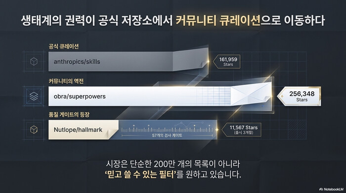 Claude Code Agent Skills 관련 GitHub 스타 수 비교. 공식 저장소 anthropics/skills 161,959개를 커뮤니티 프레임워크 obra/superpowers가 256,348개로 앞질렀고, Nutlope/hallmark는 57개 검사 게이트로 11,567개를 모았다