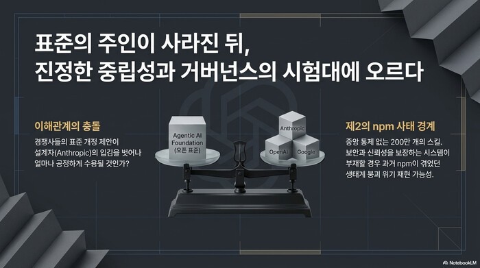 Claude Code Agent Skills를 관리하는 Agentic AI Foundation의 오픈 표준과 Anthropic, OpenAI, Google의 이해관계가 저울 위에 놓인 구도. 중앙 통제 없는 200만 개 스킬은 과거 npm 사태의 재현 가능성을 안고 있다