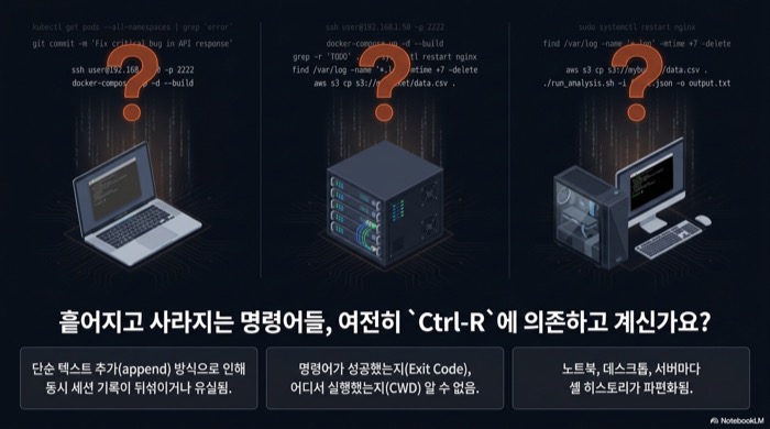 흩어지고 사라지는 명령어들 — 기본 셸 히스토리는 동시 세션 유실, 종료 코드·경로 미기록, 기기 간 파편화 문제를 안고 있다