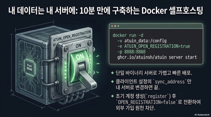 10분 만에 구축하는 Atuin 셸 히스토리 Docker 셀프호스팅 — ATUIN_OPEN_REGISTRATION을 켜고 sync_address만 내 서버로 바꾸면 된다