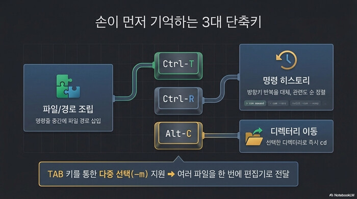 fzf 퍼지 파인더의 3대 단축키 — Ctrl-T 파일 삽입, Ctrl-R 히스토리 검색, Alt-C 디렉터리 이동과 TAB 다중 선택 지원 다이어그램