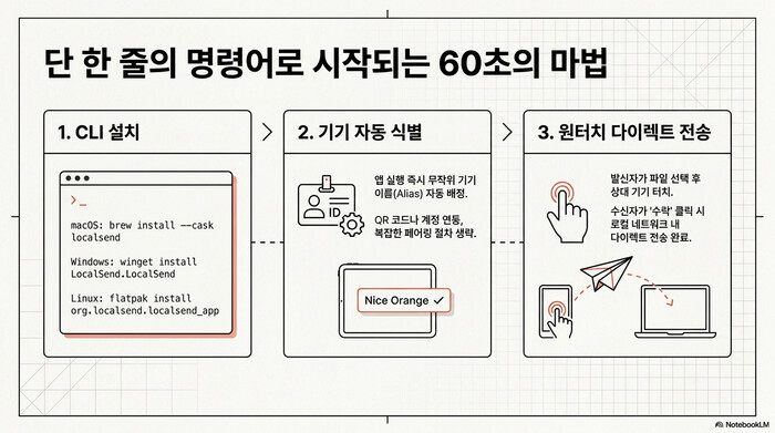 LocalSend 사용법 3단계 요약. brew, winget, flatpak 명령어 한 줄로 앱을 설치하고, Nice Orange 같은 alias가 자동 배정되어 QR 코드나 계정 연동 없이 기기를 식별하며, 발신자가 파일을 고르고 수신자가 수락하면 로컬 네트워크로 다이렉트 전송된다