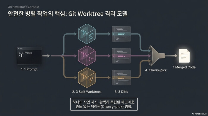Orca 코딩 에이전트의 Git worktree 격리 모델: 하나의 프롬프트가 3개 worktree와 diff로 갈라진 뒤 cherry-pick으로 병합되는 흐름