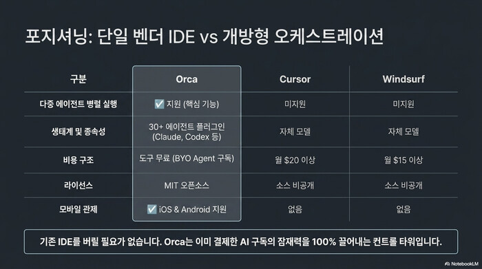 Orca 코딩 에이전트, Cursor, Windsurf를 다중 에이전트 지원, 라이선스, 비용, 모바일 관제 기준으로 비교한 표