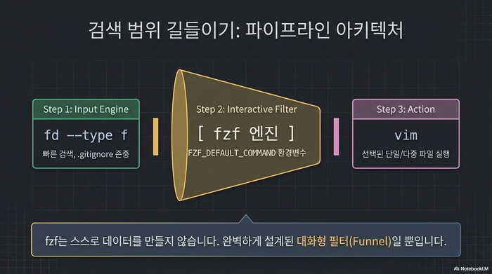 fzf 퍼지 파인더 파이프라인 아키텍처 — fd 입력 엔진, fzf 대화형 필터, vim 실행으로 이어지는 3단계 구조
