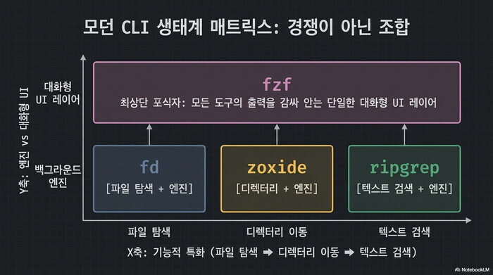fzf 퍼지 파인더와 fd·zoxide·ripgrep의 모던 CLI 생태계 매트릭스 — 경쟁이 아닌 조합 관계를 보여주는 도표