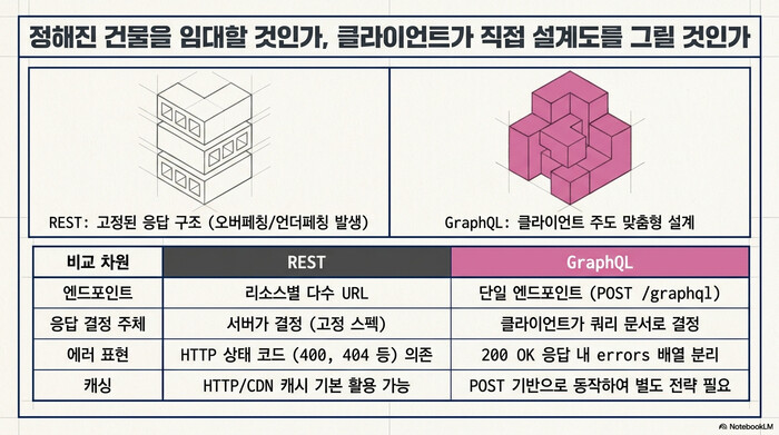REST와 GraphQL 비교표. 엔드포인트, 응답 결정 주체, 에러 표현, 캐싱 네 가지 차원을 대조한 슬라이드