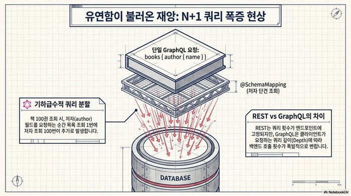 GraphQL N+1 쿼리 폭증 현상. 책 100권 조회 시 저자 조회 100번이 추가로 데이터베이스에 쏟아지는 구조도