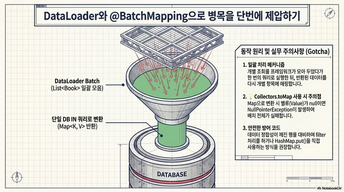 DataLoader와 @BatchMapping의 일괄 처리 동작. List<Book>을 모아 단일 IN 쿼리로 변환하는 구조와 Collectors.toMap 사용 시 주의사항