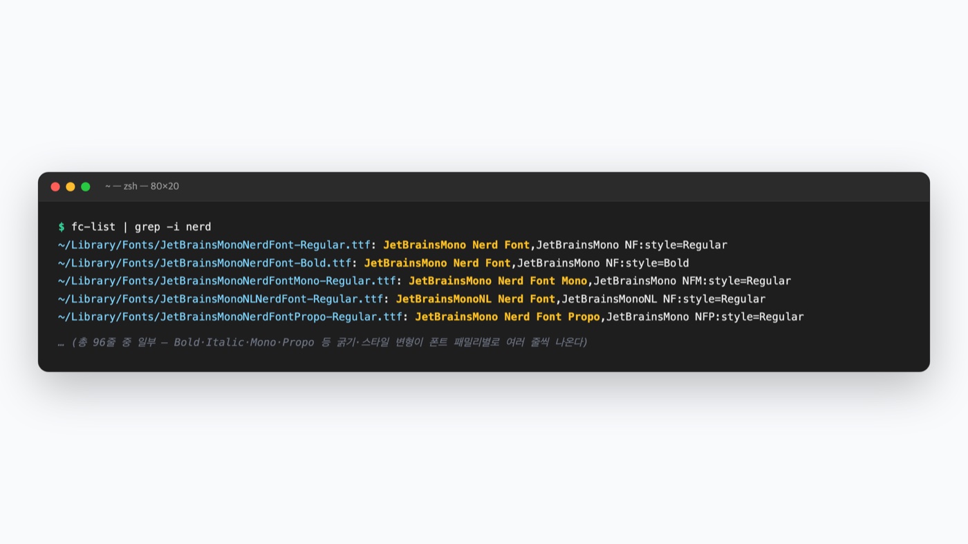 fc-list | grep -i nerd 명령 실행 화면 — 시스템에 설치된 Nerd Font 패밀리와 스타일 변형이 실제 폰트 패밀리명과 함께 나열된 터미널 캡처